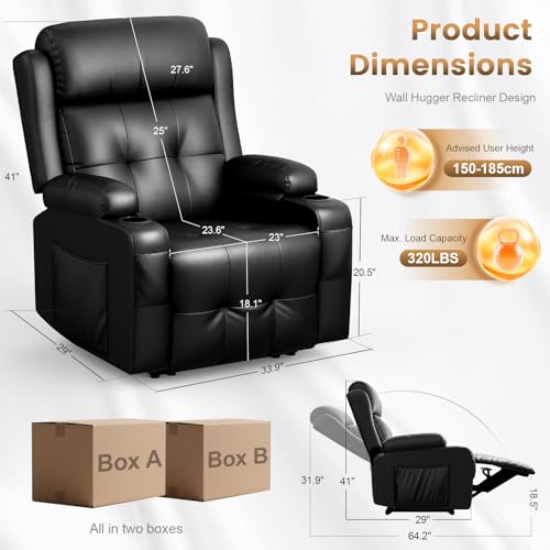 TOMOSLTER Home Theater Seating Power Recliner Chair, Massage Reclining Sofa with Cup Holders, Wall Hugger RV Recliners,145° Adjustable Recline & Pockets for Movie Room(Black, Single Chair)