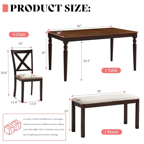 AMERLIFE 6-Piece Farmhouse Dining Table Set, 60” Solid Wood Table with 4 Upholstered Chairs & Bench, Comfortable Seating for 6, for Kitchen or Dining Room, Brown & Black Finish AMERLIFE