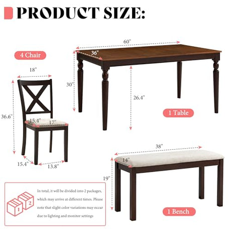 AMERLIFE 6-Piece Farmhouse Dining Table Set, 60” Solid Wood Table with 4 Upholstered Chairs & Bench, Comfortable Seating for 6, for Kitchen or Dining Room, Brown & Black Finish AMERLIFE