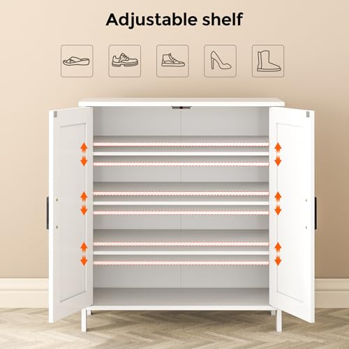Homleke Farmhouse Shoe Cabinet with 2 Barn Doors & Wood Legs, 5-Tier Shoe Storage Cabinet with 3 Adjustable Shelves, Tall Shoe Rack Organizer for Closet, Shoe Organizer for Entryway, Hallway, White Homleke