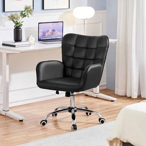 Yaheetech Modern Faux Leather Office Chair Ergonomic Adjustable Computer Chair with Wide Seat, Padded Armrests for Study, Bedroom Black Yaheetech