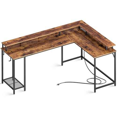 SUPERJARE L Shaped Gaming Desk with Power Outlets & LED Lights, 66 Inch Computer Desk with Monitor Stand & Storage Shelf, Home Office Desk Corner Desk with Hooks, Rustic Brown - WoodArtSupply