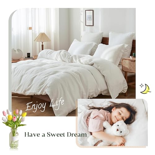 Simple&Opulence 100% Linen Duvet Cover Set, 3 PCS Natural French Flax White Duvet Cover Queen Size, Breathable Soft Comfy Linen Bedding Comforter Cover with 2 Pillowcases(White, 88"x92") Simple&Opulence