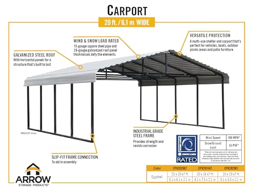 ARROW CPH202007, 20x20, Eggshell Carports, 20' x 20' - WoodArtSupply