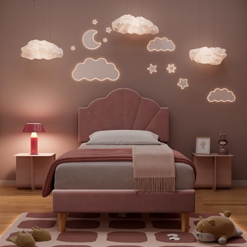 IDEALHOUSE Twin Bed Frame, Velvet Upholstered Platform Bed Frame with Height Adjustable Headboard for Boys & Girls, Wood Slat Support, Easy to Assemble, No Box Spring Needed, Light Pink IDEALHOUSE