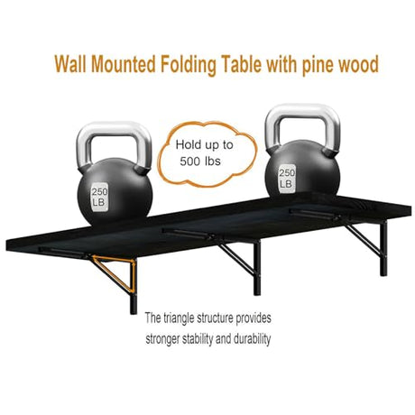 IAE Floating Wall Mounted Folding Table Desk with Pine Wood,48" x 22" Folding Workbench,Fold Down Wall Mounted Foldable Desk with Shelf Brackets,Laundry Table for Home,Dining,Office,Kitchen,Black IAE