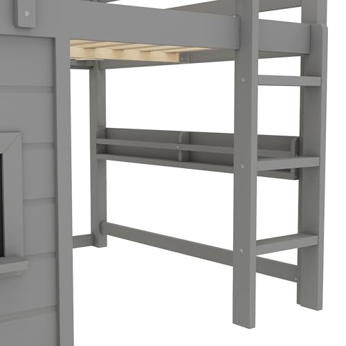 Bellemave Full Size Loft Bed for Kids with Sliding Chalkboard & Bookshelf, Sturdy Wooden Full Loft Bed Frame with Safety Guardrails, Space Saving Kids Loft Beds with Under-Bed Play Space, Grey Bellemave