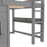 Bellemave Full Size Loft Bed for Kids with Sliding Chalkboard & Bookshelf, Sturdy Wooden Full Loft Bed Frame with Safety Guardrails, Space Saving Kids Loft Beds with Under-Bed Play Space, Grey Bellemave