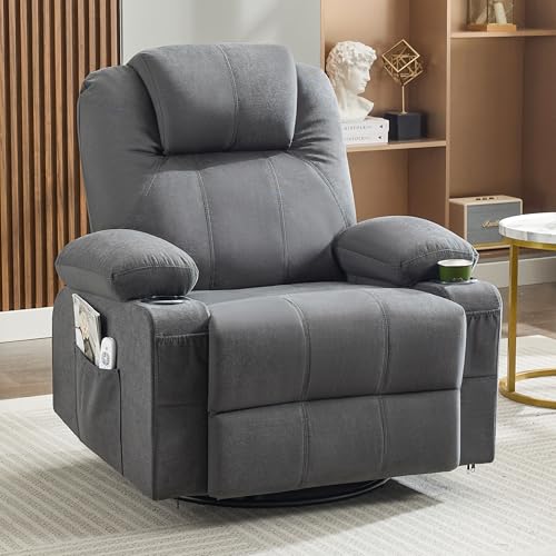 Weture Oversized Swivel Rocker Recliner Chair with Heat and Massage, Big Large Recliner Chair for Living Room, 360 Degree Swivel Rocking Single Sofa with Cup Holders and USB Port (Fabric, Darkgrey)