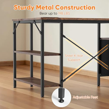 DUMOS L Shaped Desk with Shelf Drawers 47 Inch, Brown Corner Computer Desks Gaming with Power Outlet, Study Table with Adjustable Shelves, Home Office Tables for Bedroom Teacher Reading Writing DUMOS