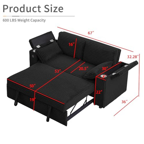 Convertible Corduroy Sofa Bed with USB Charging Port & Cup Holders, 68.11" Foldable Sleeper Chair with Armrests & Pillows, 3-in-1 Floor Futon for Living Room, Bedroom, Guest Room，Easy Assembly hansones