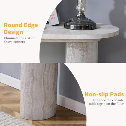 BFJDM 55" Faux Travertine Stone Console Table for Entryway, Sofa Entrance Table with Faux Mars Marble Pattern, Modern Sofa Tables with Rounded Curved Edges for Living Room, Hallway, Foyer, Beige BFJDM
