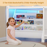 BTHFST Low Loft Bed Twin Size with 3 Storage Drawers, 3-Tier Kids Bookshelf, 5 Open Cubbies and 2 LED Lights Strips, Metal Kids Loft Bed with High Safety Guardrail, Inclined Ladder and Play Area BTHFST
