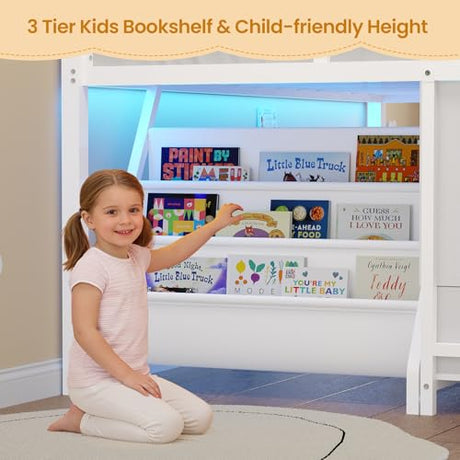 BTHFST Low Loft Bed Twin Size with 3 Storage Drawers, 3-Tier Kids Bookshelf, 5 Open Cubbies and 2 LED Lights Strips, Metal Kids Loft Bed with High Safety Guardrail, Inclined Ladder and Play Area BTHFST