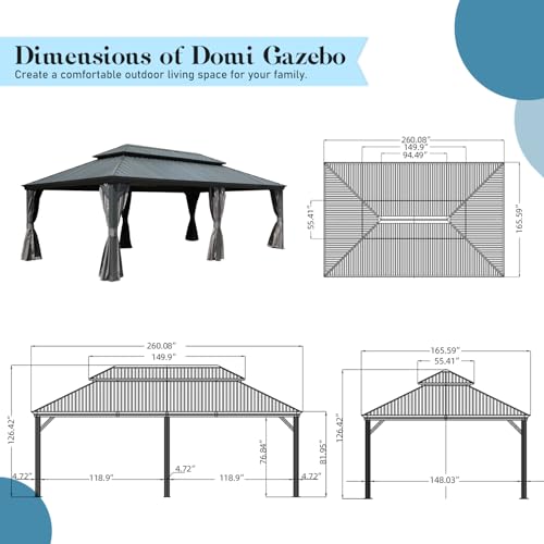 Domi Hardtop Gazebo 14x22FT, Outdoor Gazebo with Galvanized Steel Double Roof, Aluminum Frame, Built-in Gutter System, Curtain and Netting, Metal Gazebo Pavilion for Patio Deck Garden, Grey - WoodArtSupply