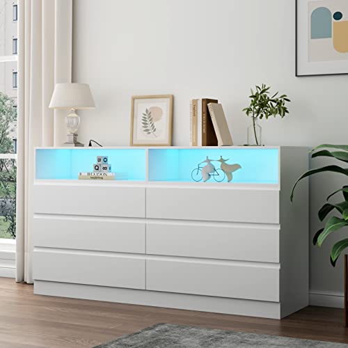 Gyfimoie 6 Drawer Double Dresser with Power Outlet, Accent Chests of Drawers with LED Light, Modern White Storage Dresser with Charging Station (Mirror Not Included) Gyfimoie
