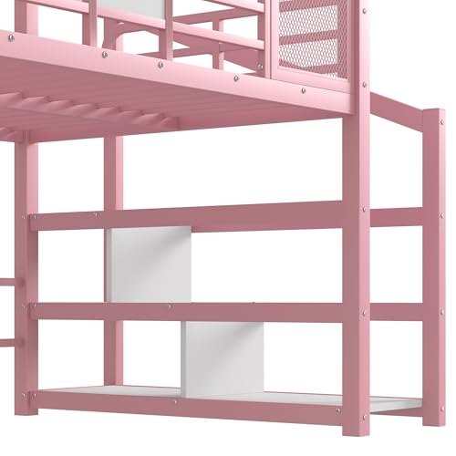 Bellemave House Loft Bed Full Size, Full Size Loft Bed with Storage Stairs and Open Wardrobe, Heavy Duty Loft Beds with Slide for Girls, Boys, Noise-Free Design Pink Bellemave