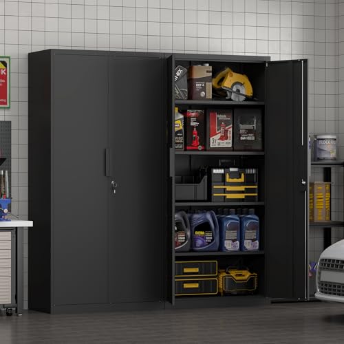 FATIGOS 72''H Tall Metal Garage Storage Cabinet with Lock, Metal Storage Cabinets with Doors and 4 Adjustable Shelves, Heavy Duty Steel Locker for Garage, Warehouse, Home Office, Black FATIGOS