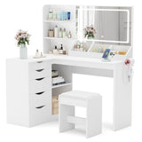 YESHOMY Vanity Desk with Lights and Mirror, L Shaped Makeup Table, Dresser with Hairdryer Holder and Power Outlet, Adjustable 3 Lighting Modes, 5 Drawers and Adjustabled Open Storage Shelves, White YESHOMY