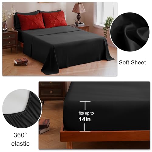 DOWNCOOL 7 Pieces Red and Black King Size Comforter Set, Pintuck Pinch Pleat Bed in a Bag, Soft Microfiber All Season Bedding Set for Bedroom with Sheets, Pillowcases & Shams DOWNCOOL