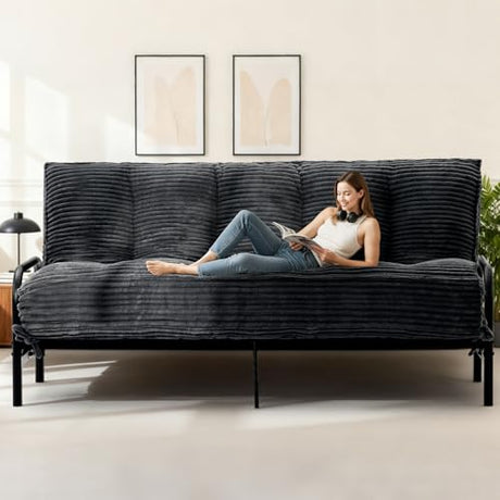 feliz home 10" Futon Mattress Queen Size,Futons Sofa Couch Bed with Straps, Thick Corduroy Floor Mattress for Adults, Roll Up Folding Mattress Shredded Foam Filling, Medium Firm (Black, Queen) feliz home