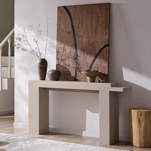 OKD 63 Inch Modern Entryway Console Table, Solid Geometry Accent Sofa Table Behind The Couch, Narrow Console Table for Entryway, Hallway, Living Room, Foyer, White Alder OKD