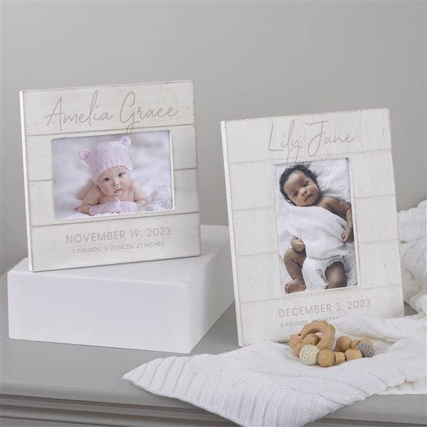 Personalization Universe Personalized Simple and Sweet Baby Girl Shiplap Frame 4x6 Horizontal Picture Frame - Rustic Whitewashed Wood Photo Frame, Newborn & Family Pictures, Tabletop, Easel Back Personalization Universe