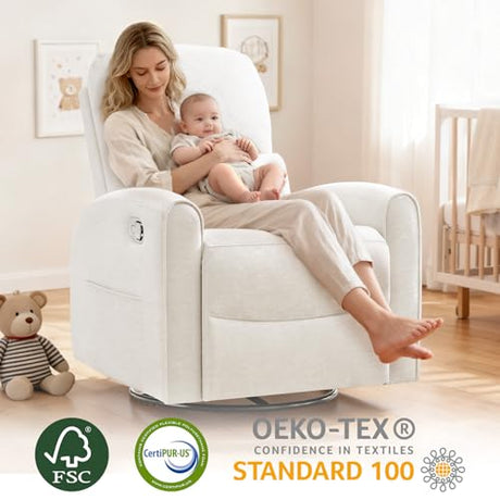AEMEIOS Swivel Rocker Recliner, Manual Swivel Glider Nursery Recliner Chair with Adjustable Headrest and Lumbar Support, Rocking Recling Chairs for Small Space, Living Room, Bedroom, White AEMEIOS
