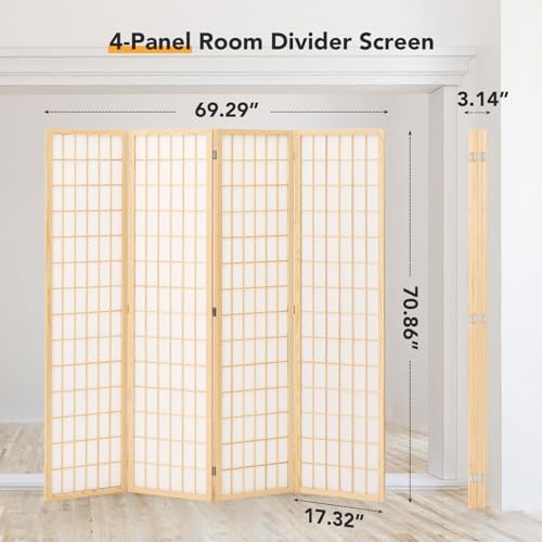 JOSTYLE Room Divider Wall 4 Panel, Folding Privacy Screen for Room Separation, Shoji Screen Japanese Style Room Divider, 5.9 Ft, Natural JOSTYLE