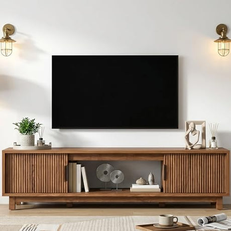 BRITEMART TV Stands for Living Room, 70 Inch Large Entertainment Center Fluted TV Stand with Storage, Boho Media Console Wood Television Table with Cable Management Hole, Walnut BRITEMART