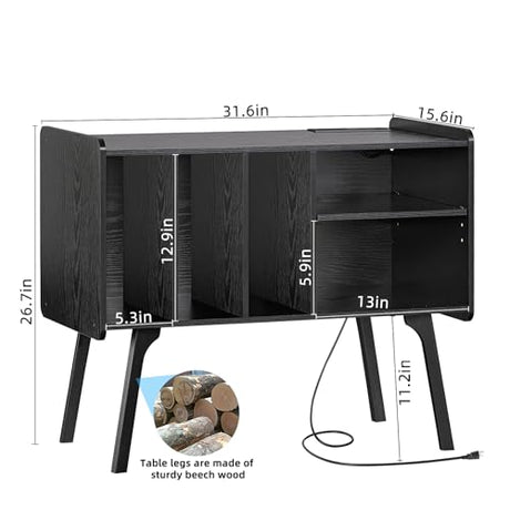 Lerliuo Record Player Stand with Charging Station Holds Up to 220 Albums, Large Turntable Stand with 4 Cabinet, Mid-Century Record Player Table,Black Vinyl Holder Storage Shelf for Bedroom Living Room Lerliuo
