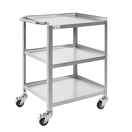 Hally Stainless Steel Utility Cart 3 Tier NSF Commercial Heavy Duty Metal Mobile Food Rolling Cart with Handle and Wheels for Kitchen, Restaurant, Hospital, Laboratory and Home, 24" L x 16" W x 34" H