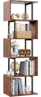 Furologee 6-Tier S-Shaped Geometric Bookshelf - Industrial Freestanding Display Unit in Rustic Brown Furologee