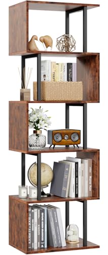 Furologee 6-Tier S-Shaped Geometric Bookshelf - Industrial Freestanding Display Unit in Rustic Brown