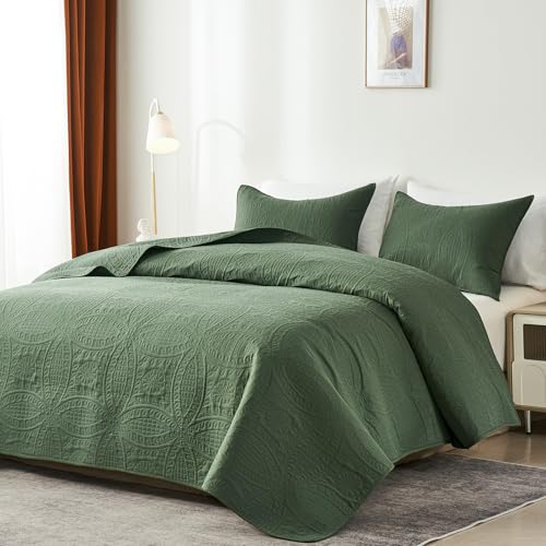 akkialla Queen Quilt Bedding Set,Olive Green Ultrasonic Full/Queen Quilt Set,Lightweight Soft Bedspread Coverlet,Modern Style Coin Pattern Bed Cover for All Seasons,3 Piece(1 Quilt,2 Pillow Shams) akkialla