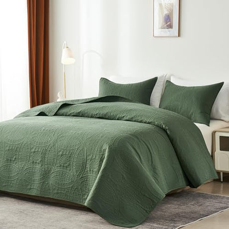 akkialla Queen Quilt Bedding Set,Olive Green Ultrasonic Full/Queen Quilt Set,Lightweight Soft Bedspread Coverlet,Modern Style Coin Pattern Bed Cover for All Seasons,3 Piece(1 Quilt,2 Pillow Shams) akkialla