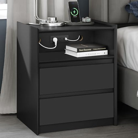 FurniXpress 24" Tall Black Nightstand with Charging Station, 2 Drawer Modern Bedside Table with Tray Top, USB & Type-C Ports, AC Outlets, and Open Shelf for Bedroom or Living Room FurniXpress