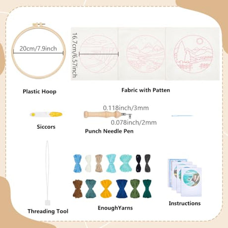 BEUNITONE 3PCS Landscape Punch Needle Kit for Adults Beginners, Complete Craft Kit Needlepoint Kits for Adults with Hoop, Punch Needle Starter Craft Set for Cloth Festival Gift and Home Decor 20X20CM BEUNITONE