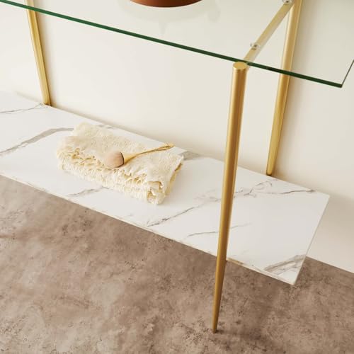 LumFurn Glass Console Table for Living Room, Foyer & Entrance, 2-Tiers Mid-Century Modern Sofa Table with Clear Glass Top, White Marble Finish Wood Shelf and Gold Finish Frame LumFurn