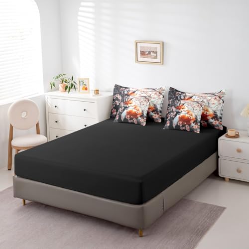Feelyou Fox Comforter Set with Sheets Queen Size Kids Japanese Cherry Blossoms 7 Pieces Bedding Set for Boys Girls Teens Cute Cartoon Fox Bed in a Bag Woodland Fox Bed Set Nature Wildlife Feelyou