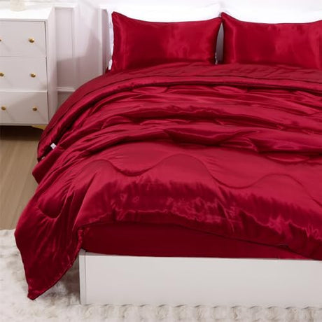 A Nice Night Satin Silky Soft Quilt Luxury Super Soft Microfiber Bedding Comforter Set Full/Queen, Light Weighted (Red, Queen) A Nice Night