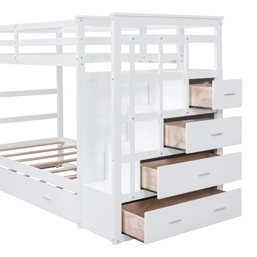 P PURLOVE Twin Over Twin Bunk Bed with Stairs and Trundle, Solid Wood Bunk Beds with Stairway Storage for Teens,Kids,White P PURLOVE