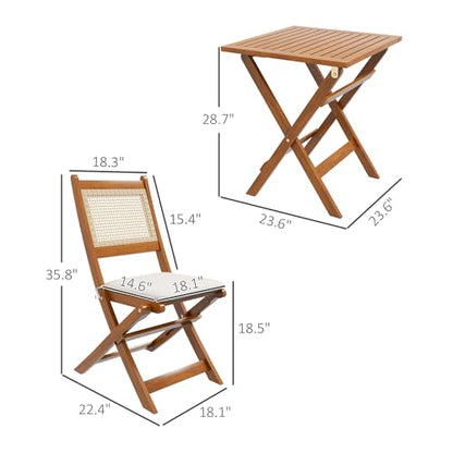 Outsunny 3 Pieces Patio Bistro Set Foldable Wooden PE Rattan Conversation Furniture Outdoor with Cushions, for Porch, Backyard, Garden, Light Teak - WoodArtSupply