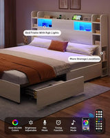 YITAHOME King Bed Frame with Bookcase Headboard and 4 Storage Drawers, RGB LED Light Bed with Type-C & USB Charging Station Storage Headboard Bed Frame, No Box Spring Needed, Noise Free, Antique White YITAHOME