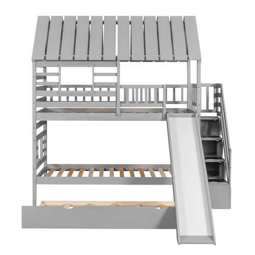 Harper & Bright Designs Twin Over Twin Wood Bunk Bed with Trundle and Staircase, Solid Wood Bunk Bed Frame with Storage, Playhouse Bunk Bed with Roof and Window for Kids, Gray Harper & Bright Designs