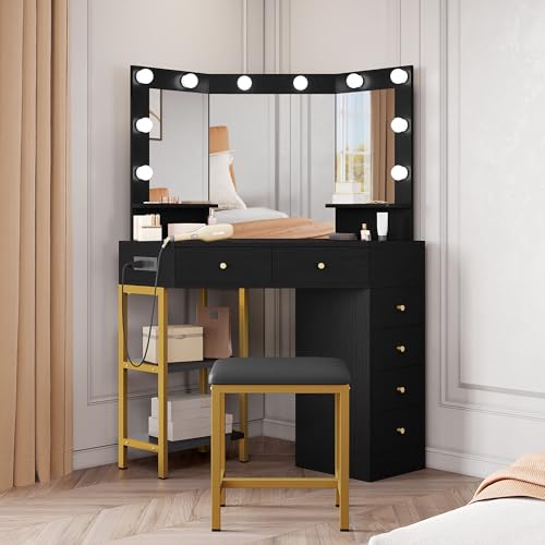 DWVO Makeup Vanity Desk w/Hollywood Bulbs Mirror & Power Outlet, 43" L Shaped Black Vanity Set 3 Color Lighting Mode Adjustable Brightness＆ 6 Drawers, Shelves, Corner Vanity Table w/Bench for Girl