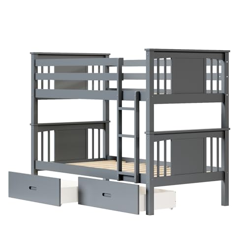FUQARHY Bunk Bed Twin Over Twin with Storage Drawers, Gray Convertible Wood Twin Bunk Beds with Ladder and Safety Guardrail, No Box Spring Needed (Blue-Gray) FUQARHY