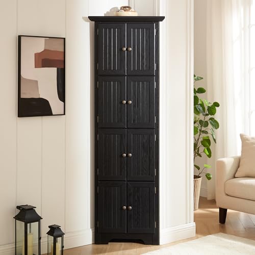 EMOBACO 72" Tall Corner Cabinet, 4-Tier Kitchen Pantry Storage Cabinet with 8 Doors and Adjustable Shelves, Home Farmhouse Bookshelf for Office Bathroom, Living Room, Black EMOBACO