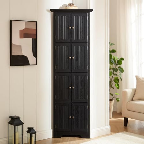 EMOBACO 72" Tall Corner Cabinet, 4-Tier Kitchen Pantry Storage Cabinet with 8 Doors and Adjustable Shelves, Home Farmhouse Bookshelf for Office Bathroom, Living Room, Black EMOBACO