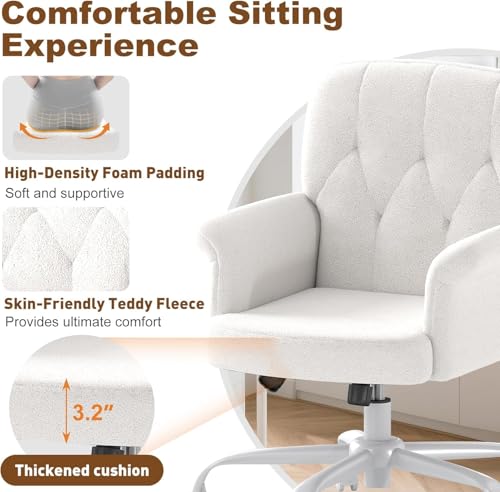 Keratee Teddy Fleece Office Chair, Comfy Home Office Desk Chair with Adjustable Height & 360° Swivel, Ergonomic Computer Chair for Long Hours, Multi-Functional Vanity/Makeup Chair, White Keratee